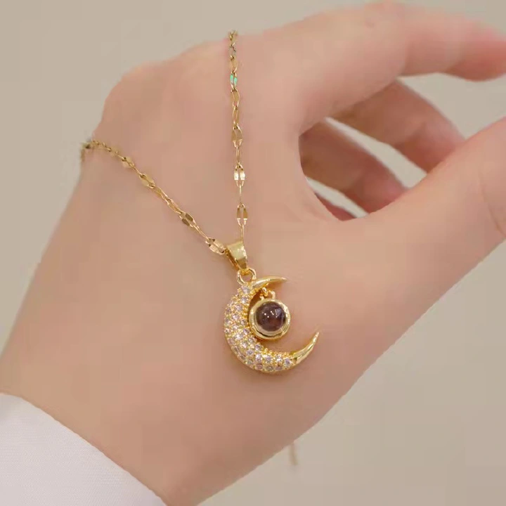Romantic 100 Languages I Love You Jewelry 18K Stainless Steel Clavicle Chain Crystal Zircon Moon Pendant Necklaces