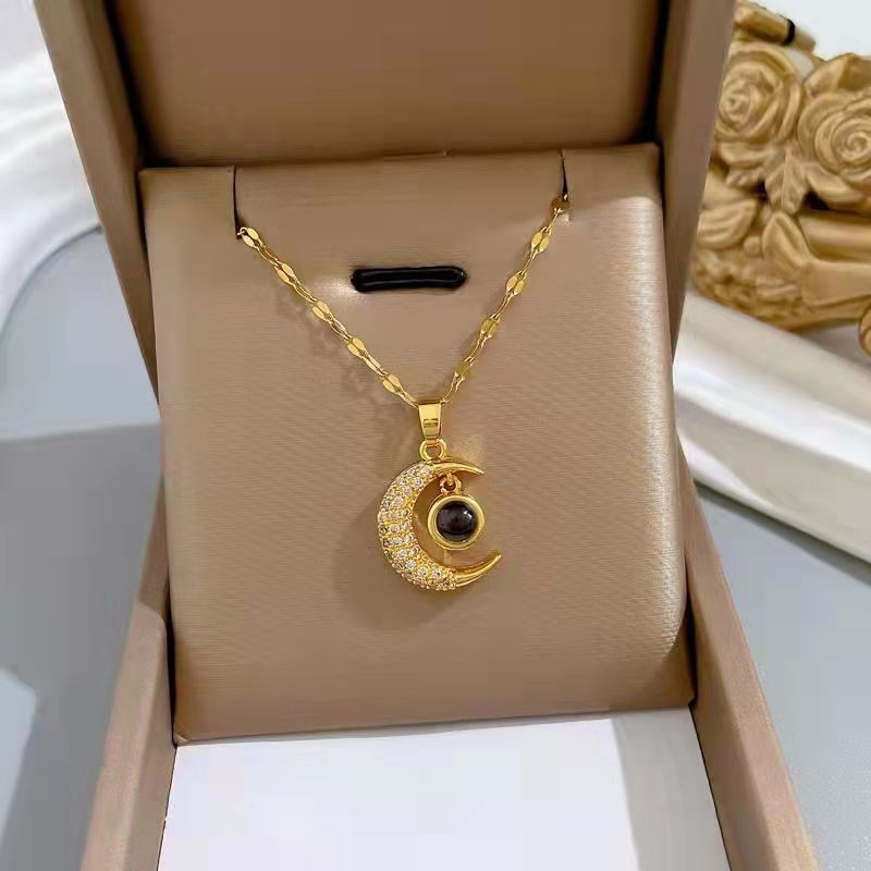 Romantic 100 Languages I Love You Jewelry 18K Stainless Steel Clavicle Chain Crystal Zircon Moon Pendant Necklaces