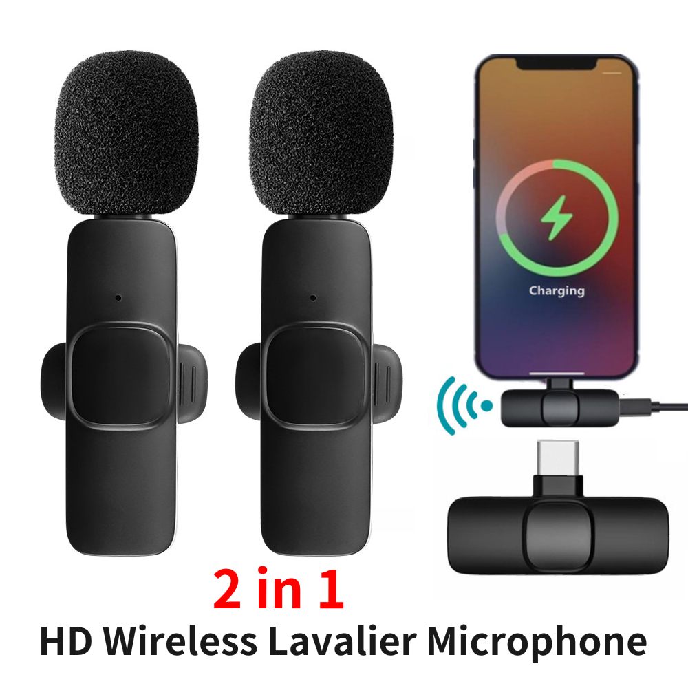 2 In 1 Wireless Lavalier Microphone Portable Audio Video Recording Mini Mic for iPhone Type-C Live Broadcast Gaming Phone Mic