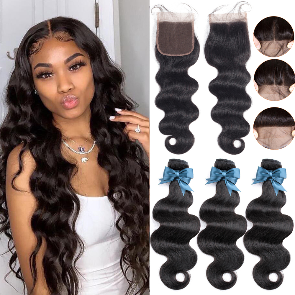 Fashion Online Brazilian Hair Body Wave 3Bundles With Lace Closure Remy Hair Extension
