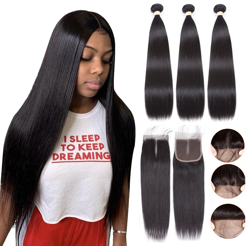 Fashion Online Straight Brazilian Human Hair Weave Bundles With Closure Hair Extension