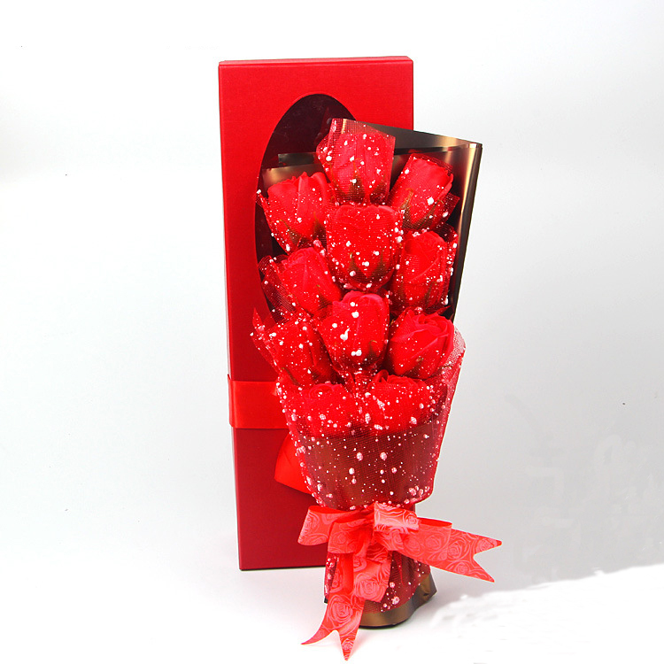 Fashion Online 11 Chiffon Red Soap Flower With Bouquet Box Blue Pink Artificial Rose Gift for Wife