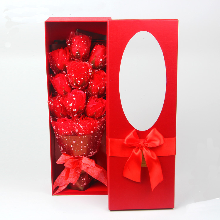 Fashion Online 11 Chiffon Red Soap Flower With Bouquet Box Blue Pink Artificial Rose Gift for Wife