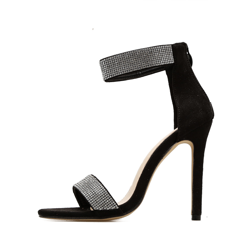 Lady's Sandals 2020 Summer Rhinestone Fish Mouth Black Thin Heel Shoes 40