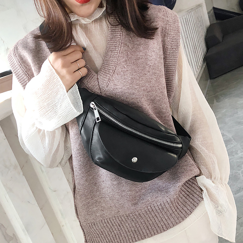 Fashion Chain Leather Messenger Bag Shoulder Bag Female Large Capacity ZipperMoney Waist Packs