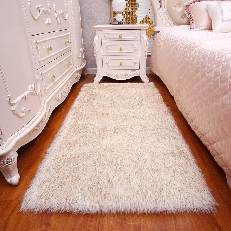 Long Hair Carpet Room Deco Artificial Rectangle Fluffy Mat Pad Anti-Slip Chair Sofa Cover Plain Rugs