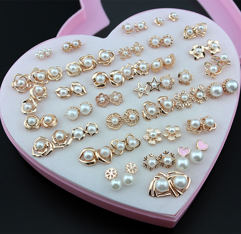 36 Pairs of box Earrings rose gold imitation pearl earrings high grade pearl earrings wholesale
