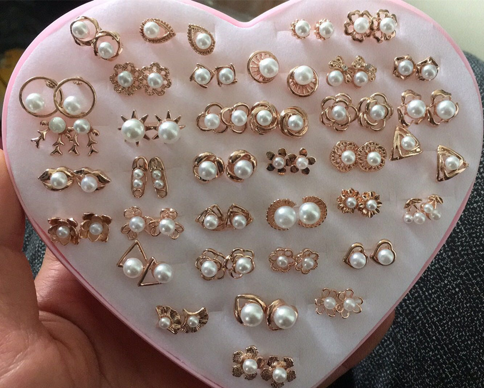 36 Pairs of box Earrings rose gold imitation pearl earrings high grade pearl earrings wholesale