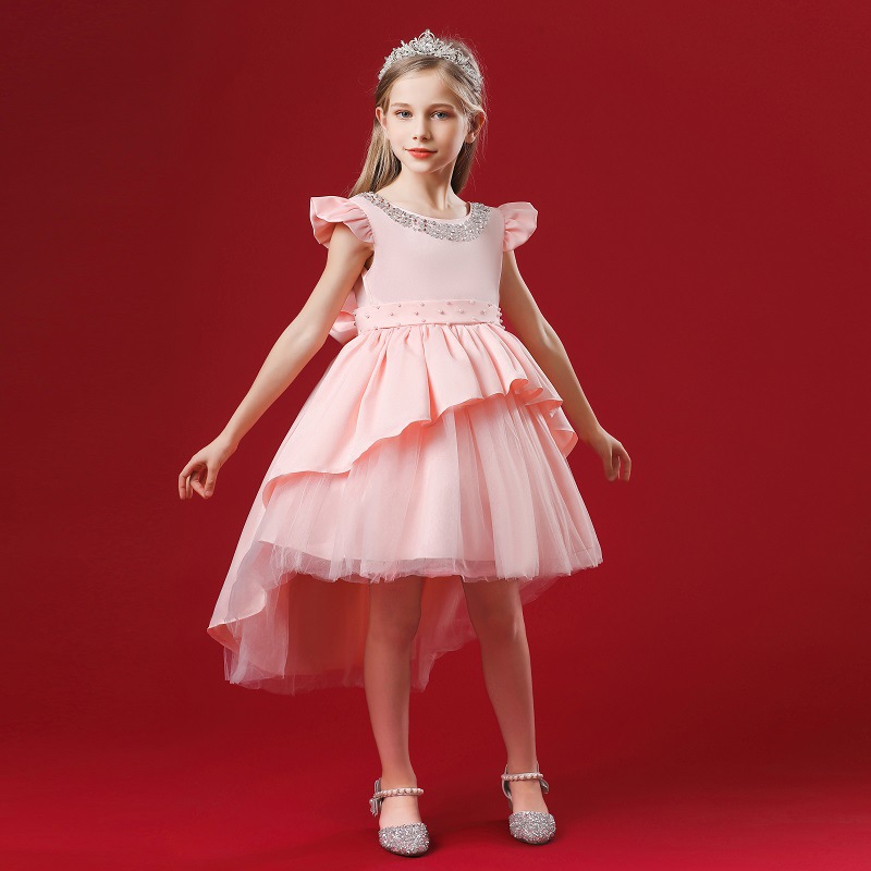 Children's Princess Dress v-back Tuxedo Dress handmade Beaded small flying sleeve bow shawl skirt