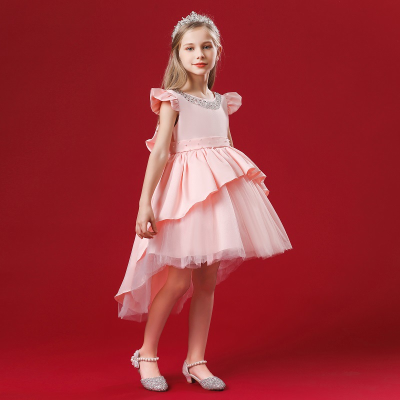 Children's Princess Dress v-back Tuxedo Dress handmade Beaded small flying sleeve bow shawl skirt