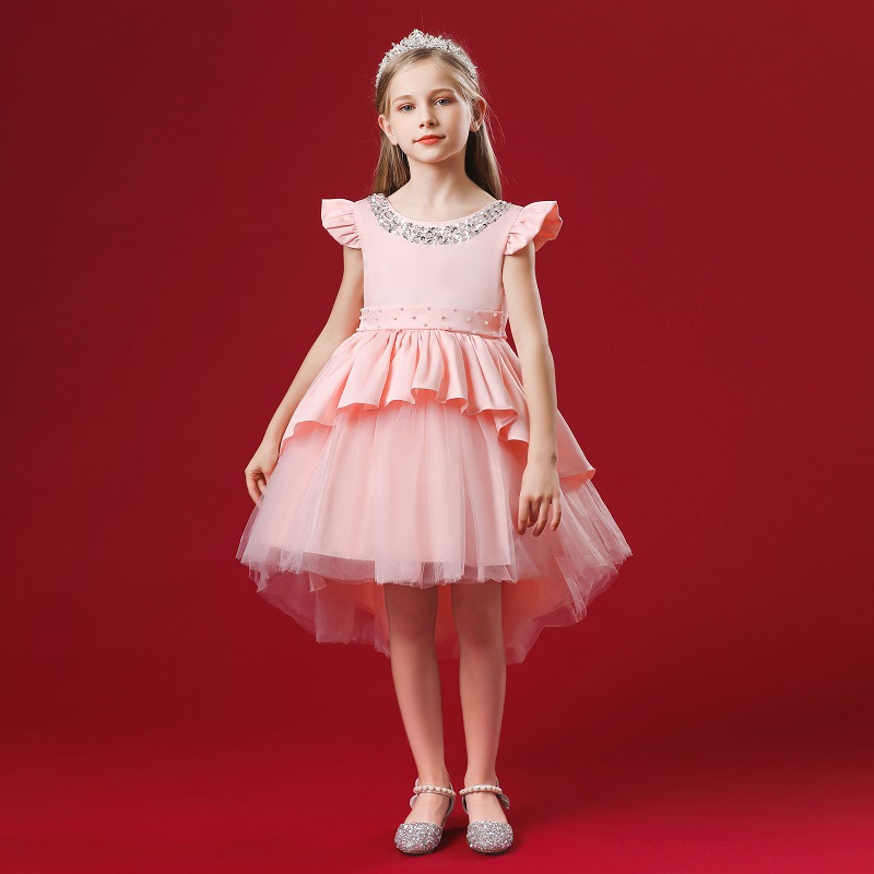 Children's Princess Dress v-back Tuxedo Dress handmade Beaded small flying sleeve bow shawl skirt