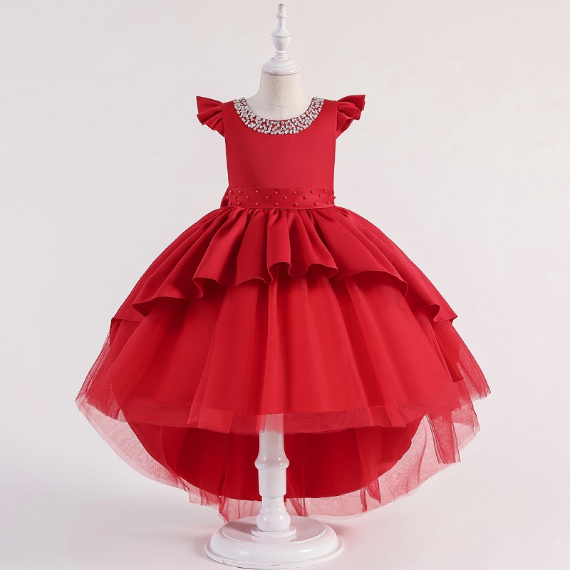 Children's Princess Dress v-back Tuxedo Dress handmade Beaded small flying sleeve bow shawl skirt