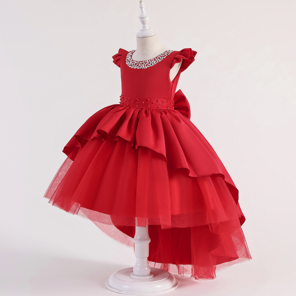Children's Princess Dress v-back Tuxedo Dress handmade Beaded small flying sleeve bow shawl skirt