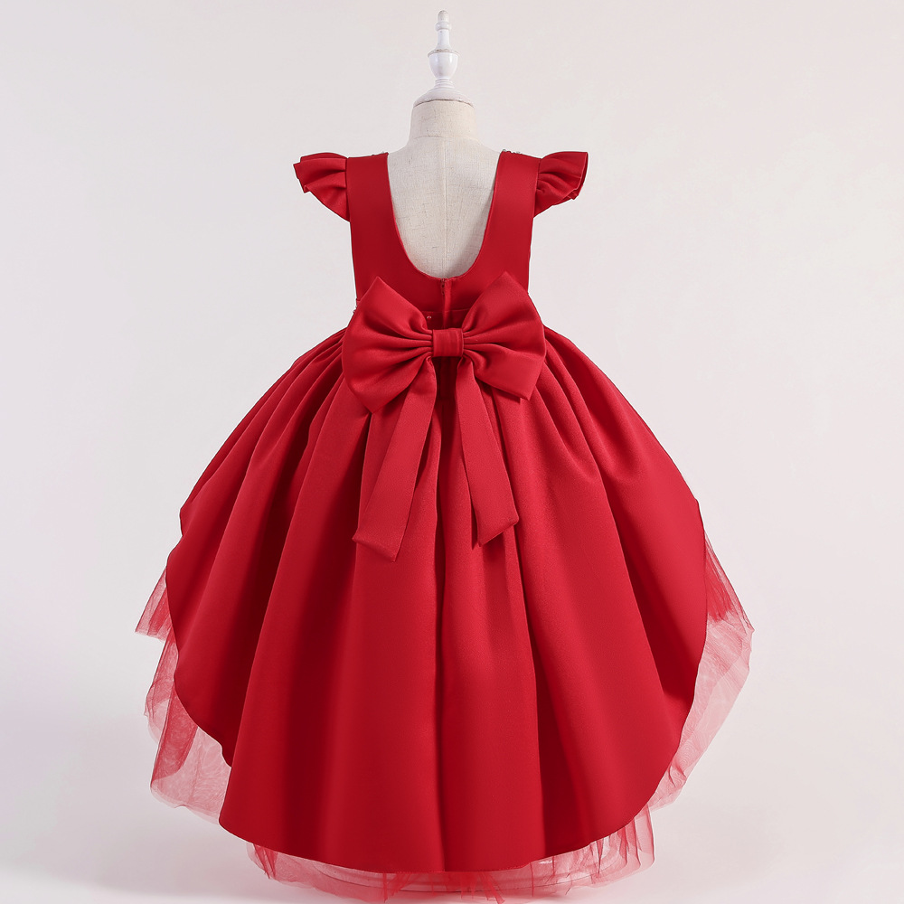 Children's Princess Dress v-back Tuxedo Dress handmade Beaded small flying sleeve bow shawl skirt