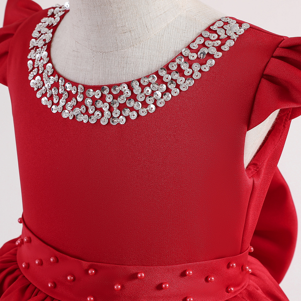 Children's Princess Dress v-back Tuxedo Dress handmade Beaded small flying sleeve bow shawl skirt