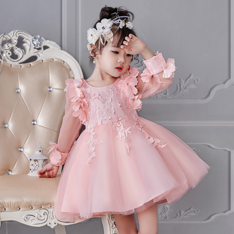Hot girl's dress long sleeve princess dress flower mesh children's dress red performance dress