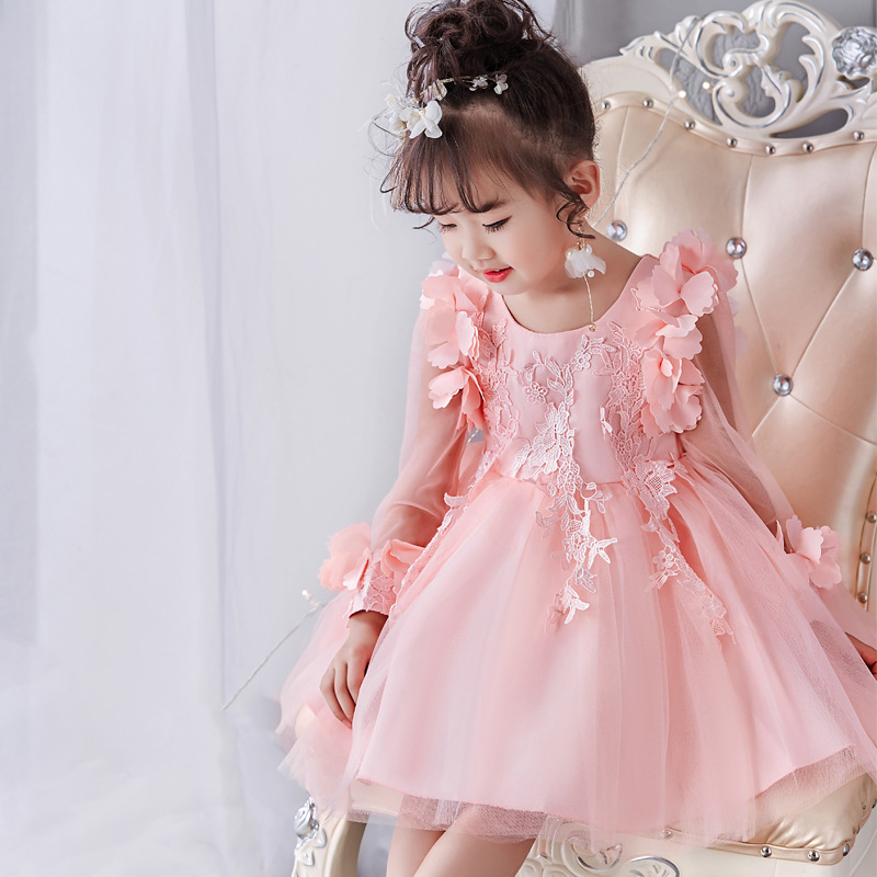 Hot girl's dress long sleeve princess dress flower mesh children's dress red performance dress