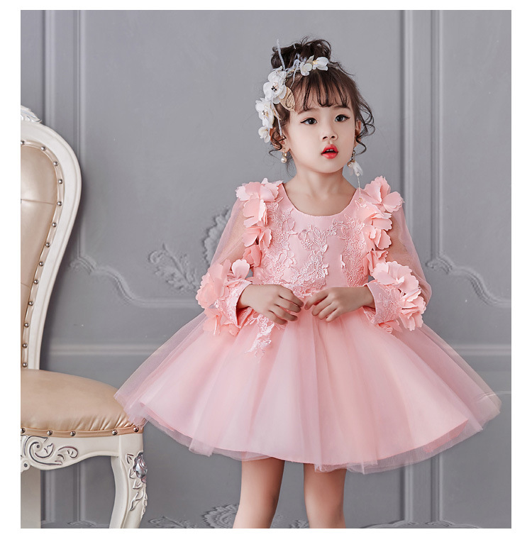 Hot girl's dress long sleeve princess dress flower mesh children's dress red performance dress
