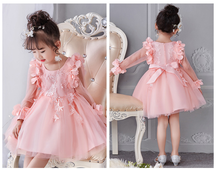 Hot girl's dress long sleeve princess dress flower mesh children's dress red performance dress