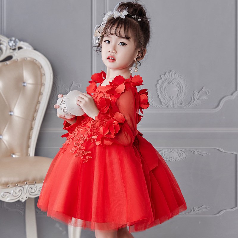 Hot girl's dress long sleeve princess dress flower mesh children's dress red performance dress