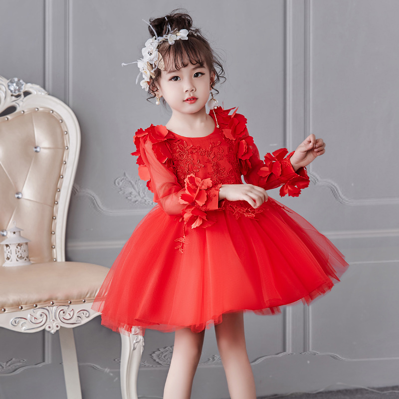 Hot girl's dress long sleeve princess dress flower mesh children's dress red performance dress