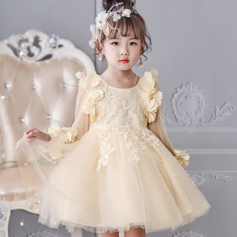 Hot girl's dress long sleeve princess dress flower mesh children's dress red performance dress
