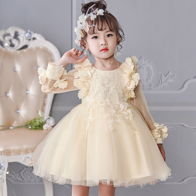 Hot girl's dress long sleeve princess dress flower mesh children's dress red performance dress