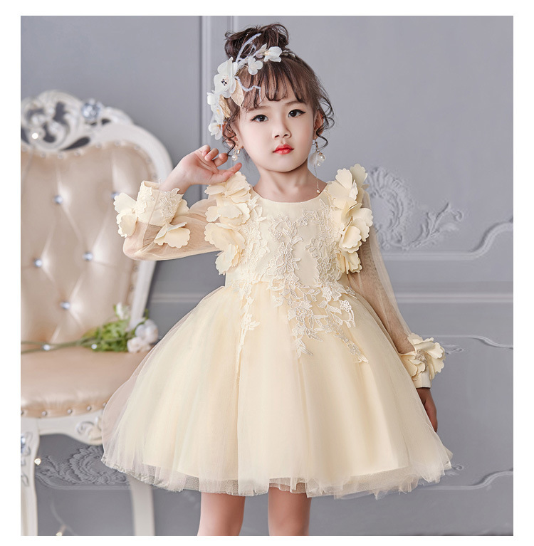 Hot girl's dress long sleeve princess dress flower mesh children's dress red performance dress