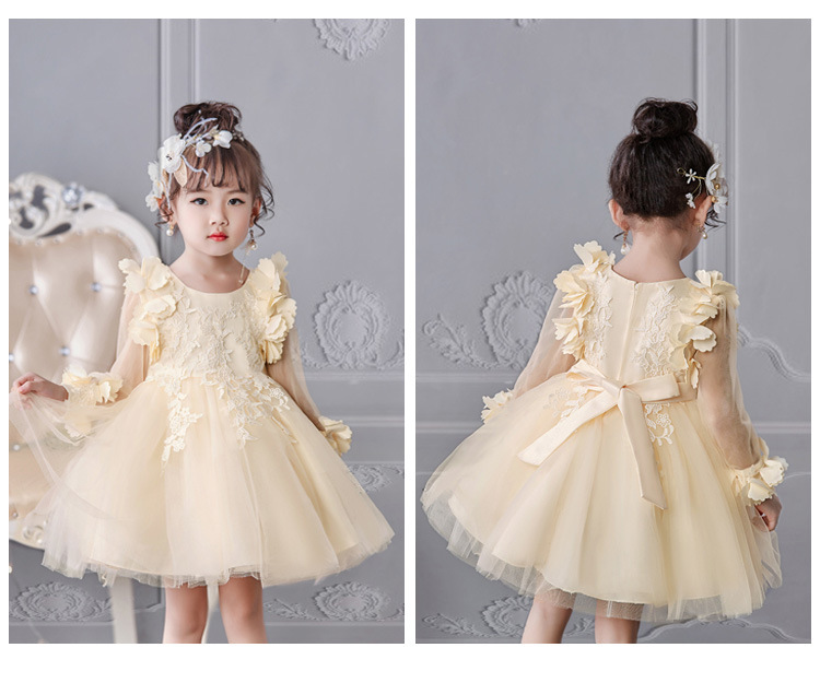 Hot girl's dress long sleeve princess dress flower mesh children's dress red performance dress