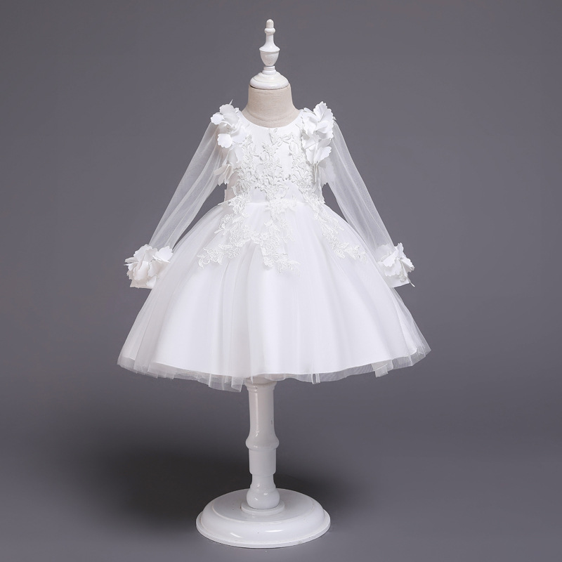 Hot girl's dress long sleeve princess dress flower mesh children's dress red performance dress