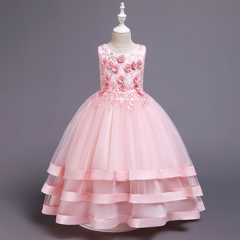 Flower Princess Skirt ace Beaded Wedding Dress multi layer Satin Beaded party host dress