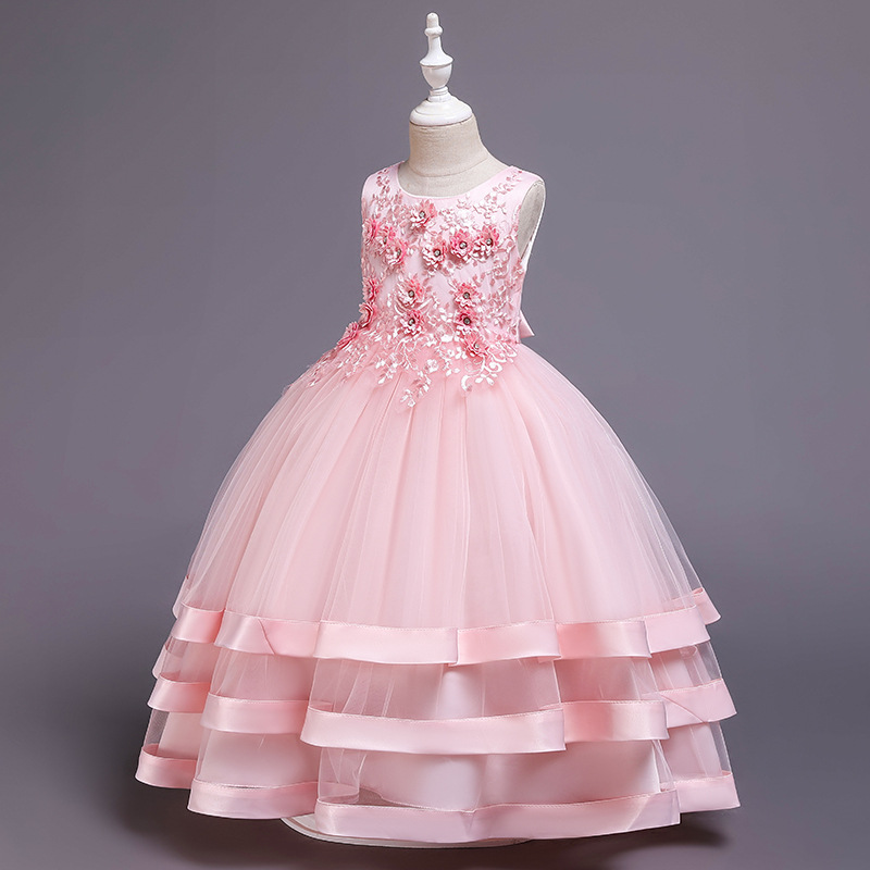 Flower Princess Skirt ace Beaded Wedding Dress multi layer Satin Beaded party host dress