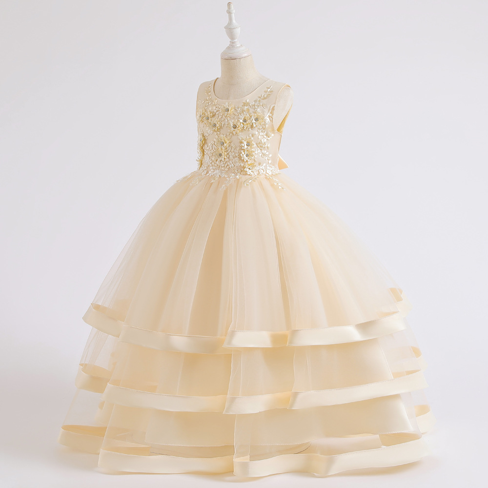 Flower Princess Skirt ace Beaded Wedding Dress multi layer Satin Beaded party host dress