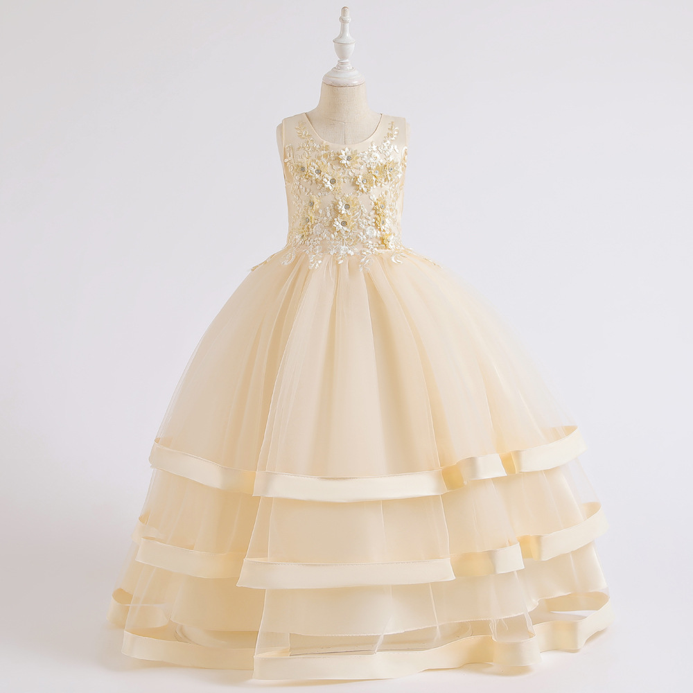 Flower Princess Skirt ace Beaded Wedding Dress multi layer Satin Beaded party host dress