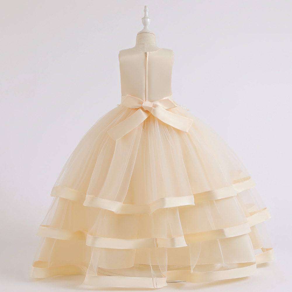 Flower Princess Skirt ace Beaded Wedding Dress multi layer Satin Beaded party host dress