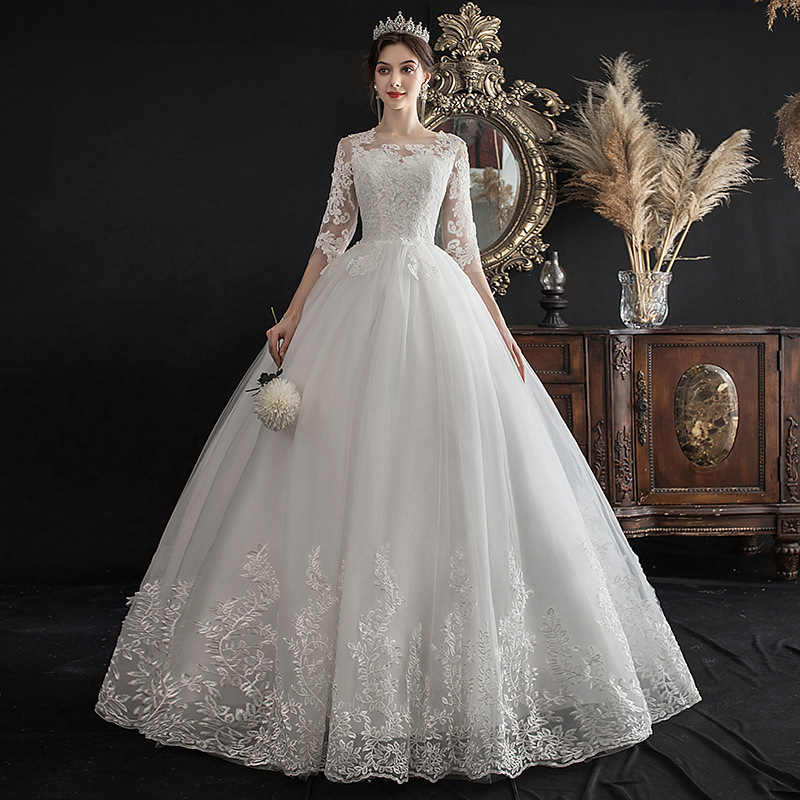 2021 Spring New One Shoulder Dream Slim Middle Sleeve Lace Bride Wedding Dress