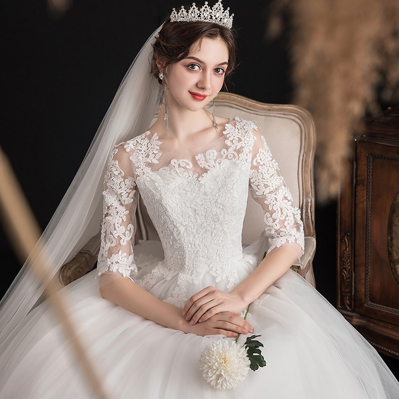 2021 Spring New One Shoulder Dream Slim Middle Sleeve Lace Bride Wedding Dress