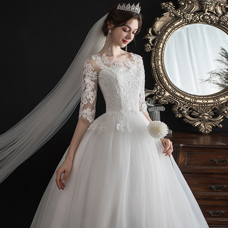2021 Spring New One Shoulder Dream Slim Middle Sleeve Lace Bride Wedding Dress