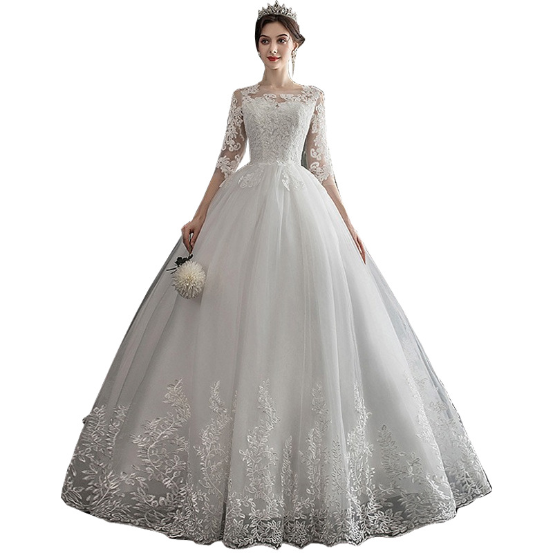 2021 Spring New One Shoulder Dream Slim Middle Sleeve Lace Bride Wedding Dress