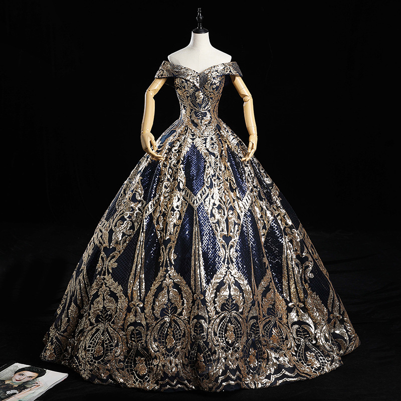 2021 New European and American brides solo wedding dress shoulder to shoulder golden dinner dress