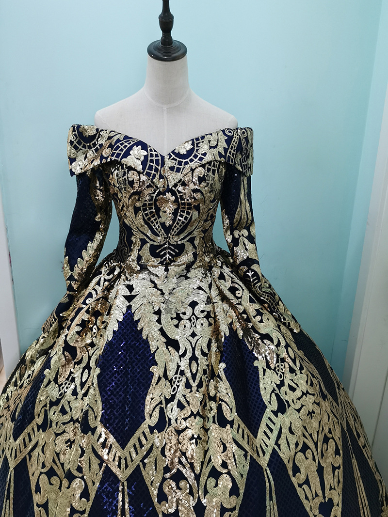 2021 New European and American brides solo wedding dress shoulder to shoulder golden dinner dress