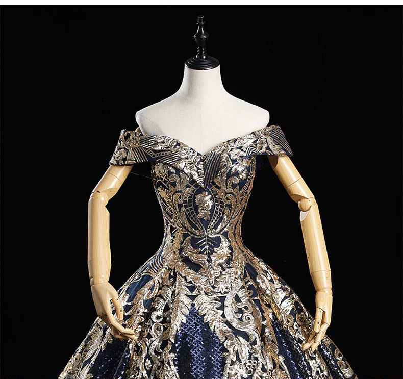 2021 New European and American brides solo wedding dress shoulder to shoulder golden dinner dress