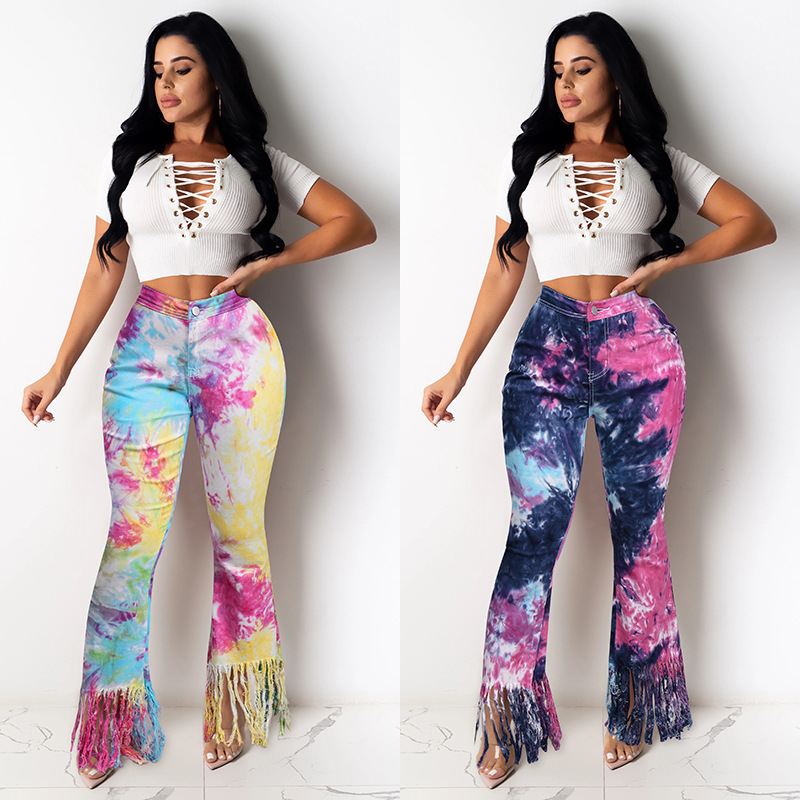 2021 Jeans women's fashion temperament tie dye tassel micro trumpet casual pants