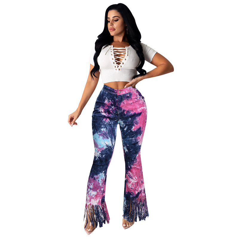 2021 Jeans women's fashion temperament tie dye tassel micro trumpet casual pants