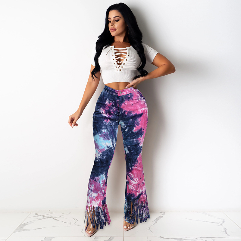2021 Jeans women's fashion temperament tie dye tassel micro trumpet casual pants