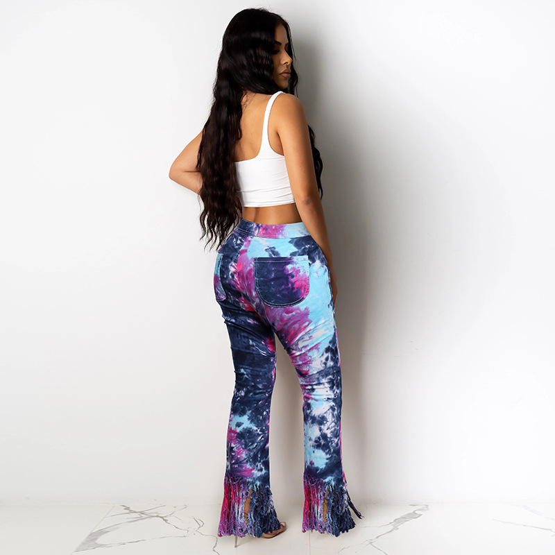 2021 Jeans women's fashion temperament tie dye tassel micro trumpet casual pants