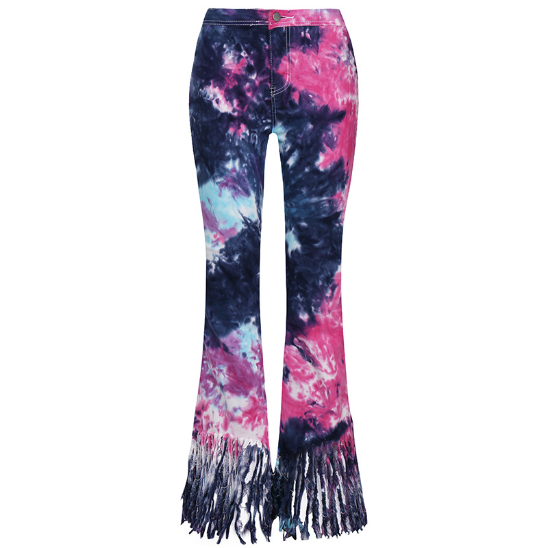 2021 Jeans women's fashion temperament tie dye tassel micro trumpet casual pants