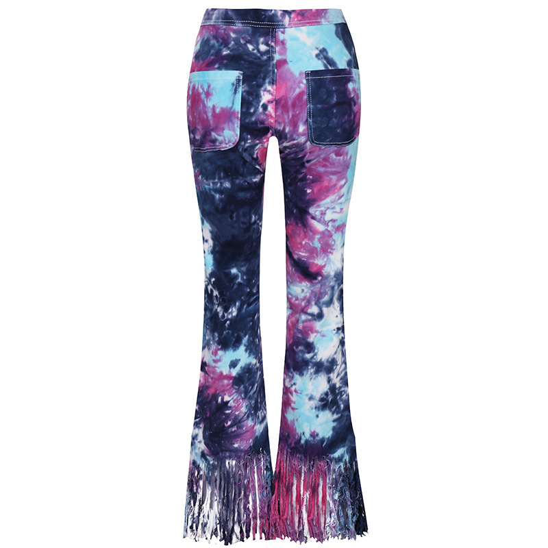 2021 Jeans women's fashion temperament tie dye tassel micro trumpet casual pants