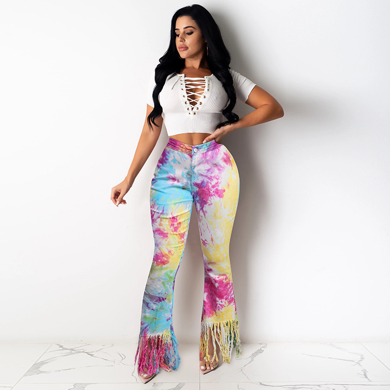 2021 Jeans women's fashion temperament tie dye tassel micro trumpet casual pants