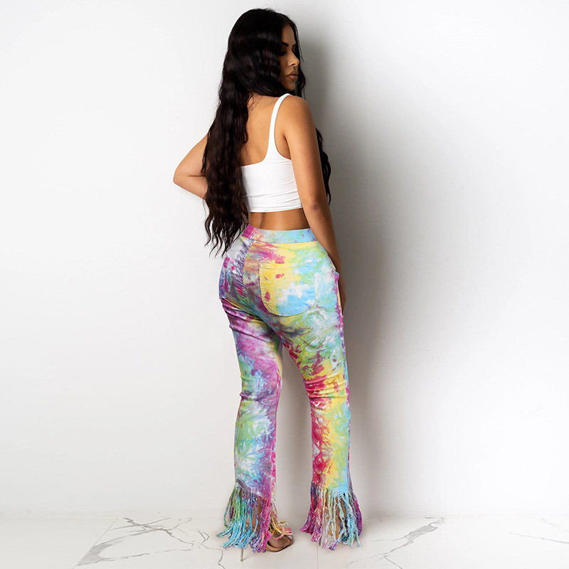 2021 Jeans women's fashion temperament tie dye tassel micro trumpet casual pants